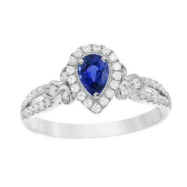 68820 Diamond Halo Pear 2 CT Split Shank Womens Sapphire Ring, Size 6.5
