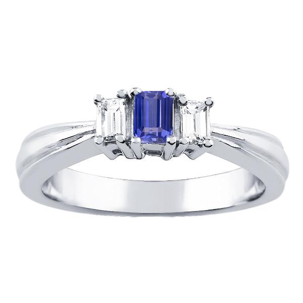 68825 Emerald Diamond & Ceylon 3 Stone 2 CT Tapered Shank Sapphire Ring, Size 6.5
