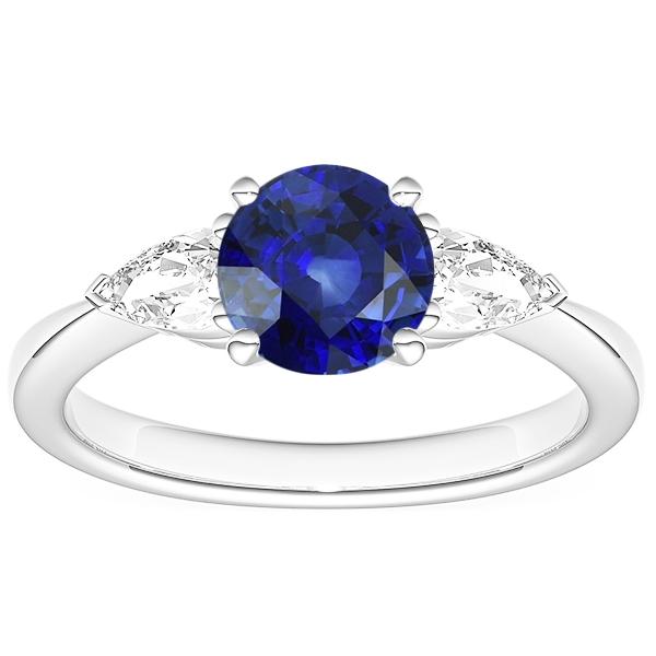 2.50 CT 3 Stone Pear Diamond & Ceylon Sapphire Anniversary Ring, Size 6.5