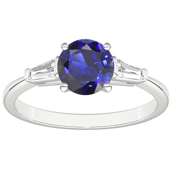 68829 Ceylon Sapphire 3 Stone 2.50 CT Bar Set Baguette Diamonds Ring, Size 6.5
