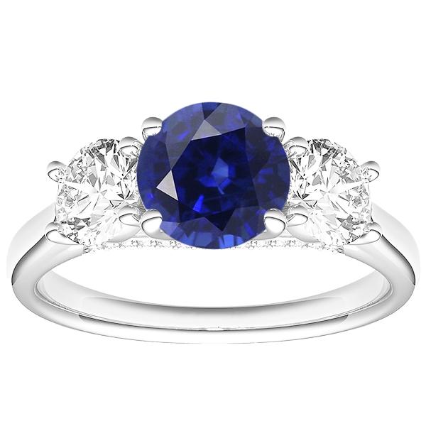 68830 3 CT Gold Round Diamond & Ceylon Sapphire 3 Stone Wedding Ring, Size 6.5