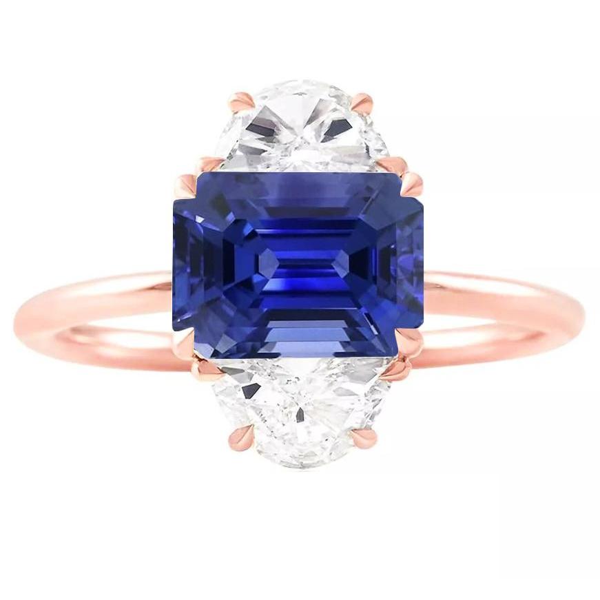 68848 4 CT Rose Gold Emerald Sapphire 3 Stone Half Moon Diamonds Ring, Size 6.5