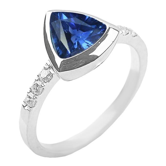 68854 Diamond Gemstone Jewelry 2 CT Trillion Bezel Set Blue Sapphire Ring, Size 6.5
