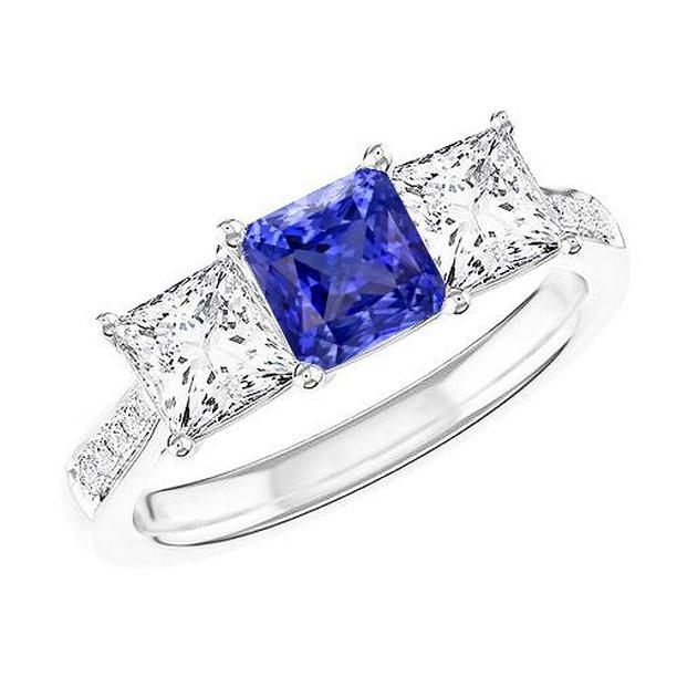68857 3 CT Gemstone Cushion Princess & Round Diamonds Sapphire Ring, Size 6.5
