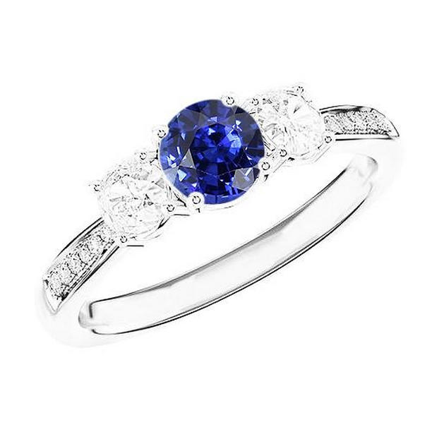 68858 Round Sapphire & White Gold 2.50 CT 3 Stone Style Diamond Ring, Size 6.5