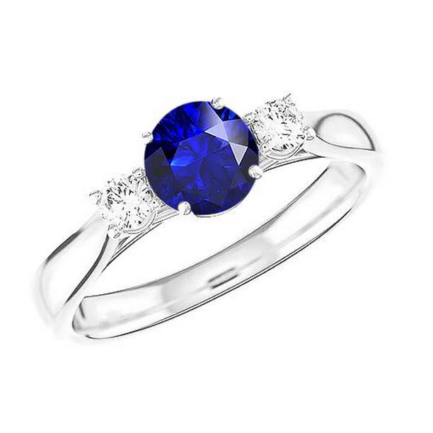 68859 2 CT Diamond Three Stone Round Natural Blue Sapphire Ring, Size 6.5
