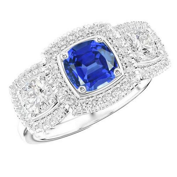 68860 Halo Cushion Blue 3 CT Womens Diamond Sapphire Ring, Size 6.5