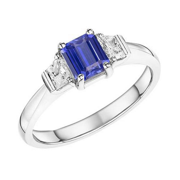 68867 1.50 CT 3 Stone Emerald Blue Sapphire Ring & Trapezoid Diamonds, Size 6.5