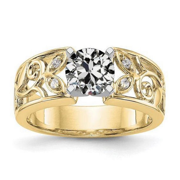 2 CT Round Old Mine Cut Diamond Leaf Style Engagement Ring, Size 6.5
