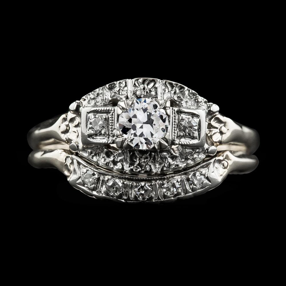 71019 2 CT Set Round Old Miner Diamond Antique Style Wedding Ring, Size 6.5