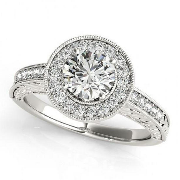 10478 Round Diamond Vintage Style 1.25 CT Engraved Halo Ring, 14K White Gold - Size 6.5