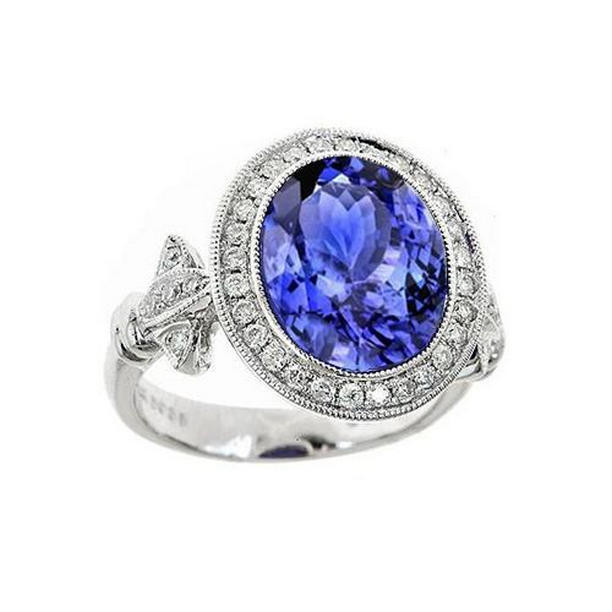 15924 9 CT Tanzanite Fancy Ring with Small Diamonds, 14K White Gold - Size 6.5