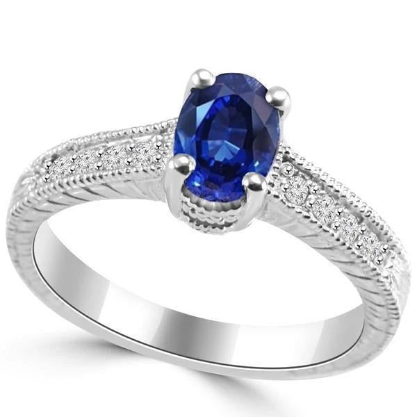 22703 1.85 CT Oval Cut Blue Sapphire with Diamond Ring, 14K White Gold - Size 6.5