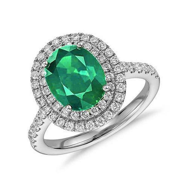 4.35 CT Emerald with Diamonds Double Halo Ring, 14K White Gold - Size 6.5
