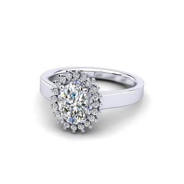 29434 2.10 CT Oval & Round Halo Diamond Flower Style Ring, 14K White Gold - Size 6.5