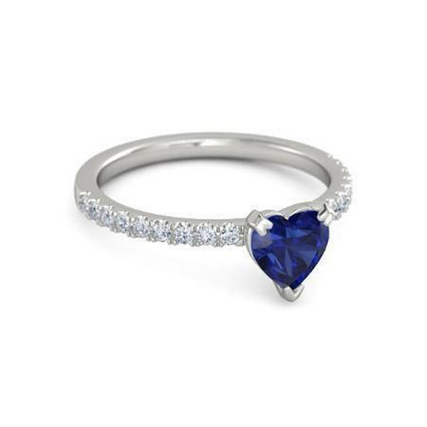 34792 Heart & Round Cut 2.30 CT Blue Sapphire Diamonds Ring, 14K White Gold - Size 6.5