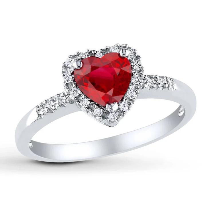 1.65 Heart Cut Red Ruby with Diamond Halo Ring, 14K White Gold - Size 6.5 -  Glitter, GL2995798