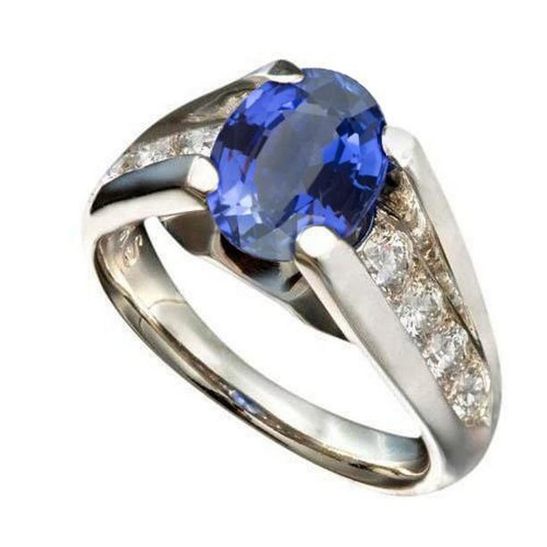 34833 2.10 CT Sparkling Oval Ceylon Sapphire Diamonds Ring, White Gold - Size 6.5