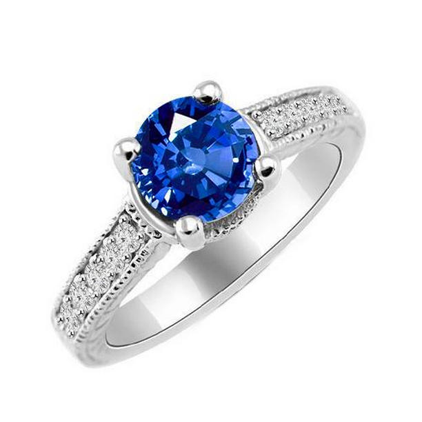 34902 2 CT Sri Lanka Sapphire & 14K White Gold Vintage Style Diamond Ring, Size 6.5