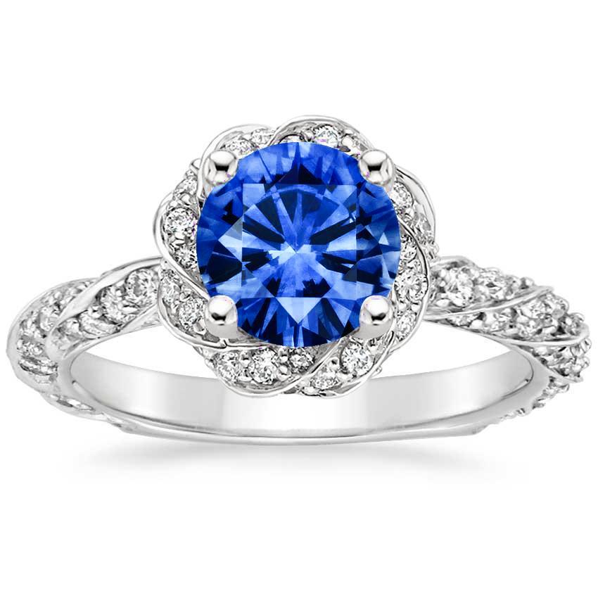 34913 2.15 CT Round Ceylon Sapphire Gem Stone 14K White Gold Diamond Ring, Size 6.5