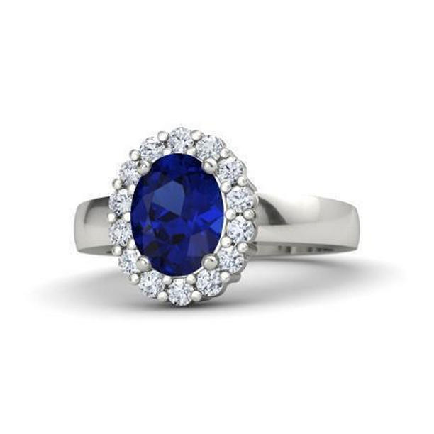34992 Round Cut 2.50 CT Sri Lankan Sapphire & Diamonds Ring, 14K White Gold - Size 6.5