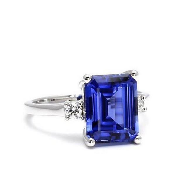 35273 Emerald & Round Cut 3 CT Ceylon Sapphire Diamonds Ring, 14K White Gold - Size 6.5