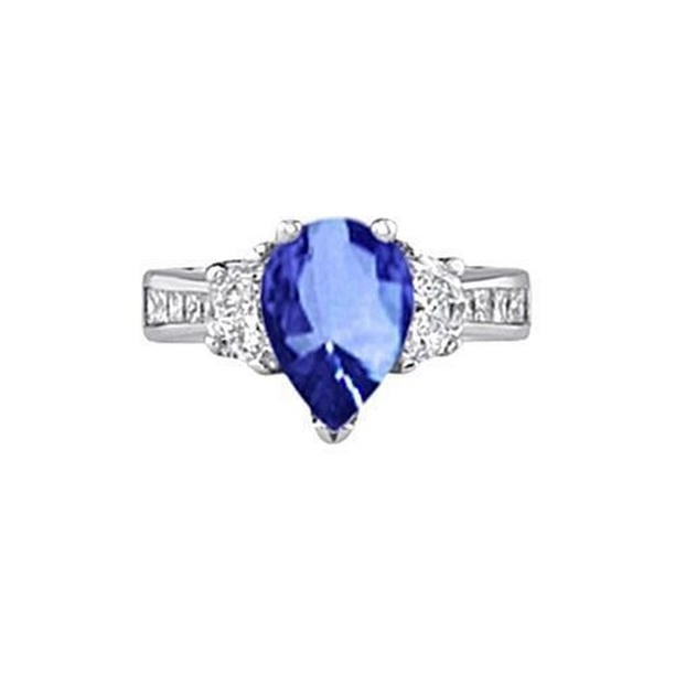 35281 Sparkling 3.30 CT Pear Ceylon Sapphire Diamonds Ring, 14K White Gold - Size 6.5
