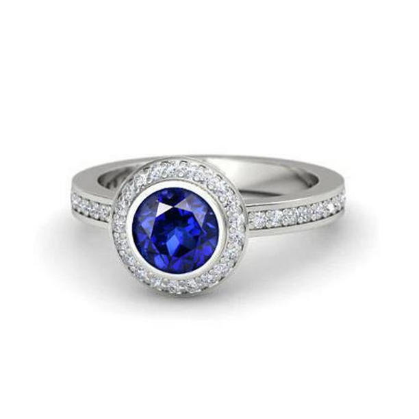 35322 3 CT Round Cut Ceylon Sapphire Diamonds Ring, 14K White Gold - Size 6.5