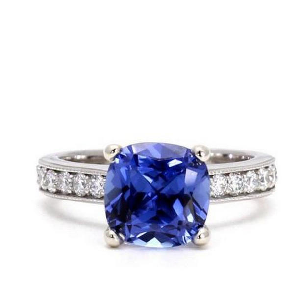 35330 Cushion & Round Cut 3.30 CT Ceylon Sapphire Diamonds Ring, 14K White Gold - Size 6.5