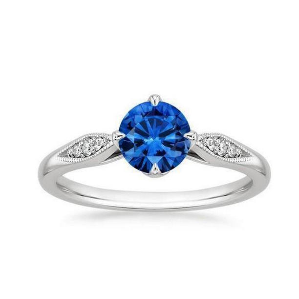 35349 Prong Set 2.40 CT Round Cut Ceylon Sapphire & Diamonds Ring, 14K White Gold - Size 6.5