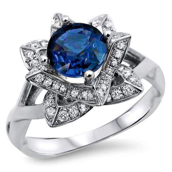 35357 Sri Lanka Sapphire with Diamonds 3 CT Flower Ring, 14K White Gold - Size 6.5