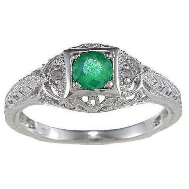 6 CT 14K White Gold Round Cut Green Emerald & Diamond Ring, Size 6.5