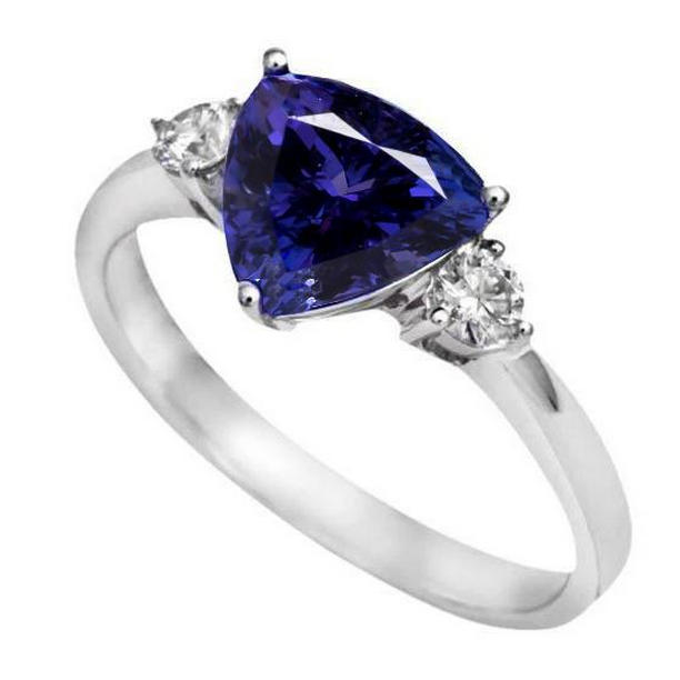 2 CT Tanzanite Trillion Diamond 3 Stone Ring, 14K White Gold - Size 6.5