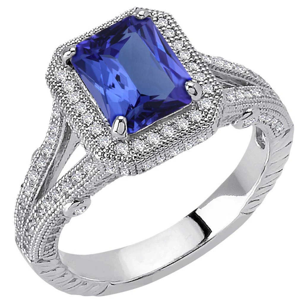 4.51 CT Diamonds Tanzanite Antique Style White Gold Ring, Size 6.5