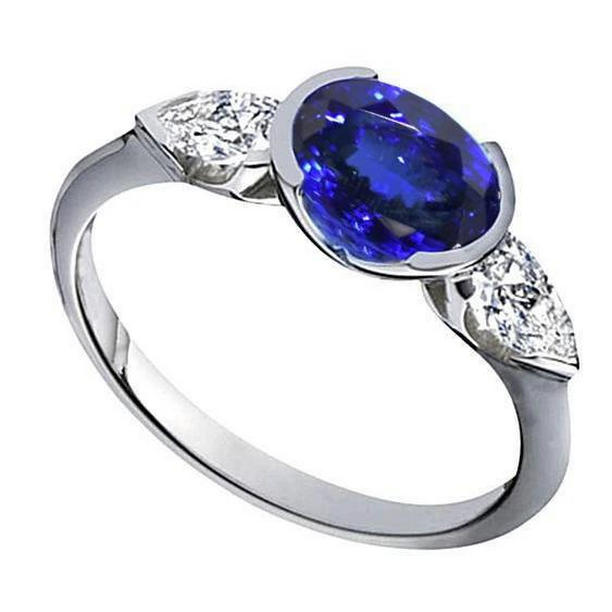 39838 3 CT 3-Stone Oval Tanzanite Diamond Ring, 14K White Gold - Size 6.5