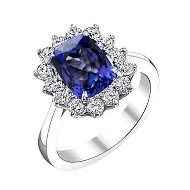 39930 Sparkling 4.30 CT Cushion Tanzanite Diamond Anniversary Ring, Size 6.5