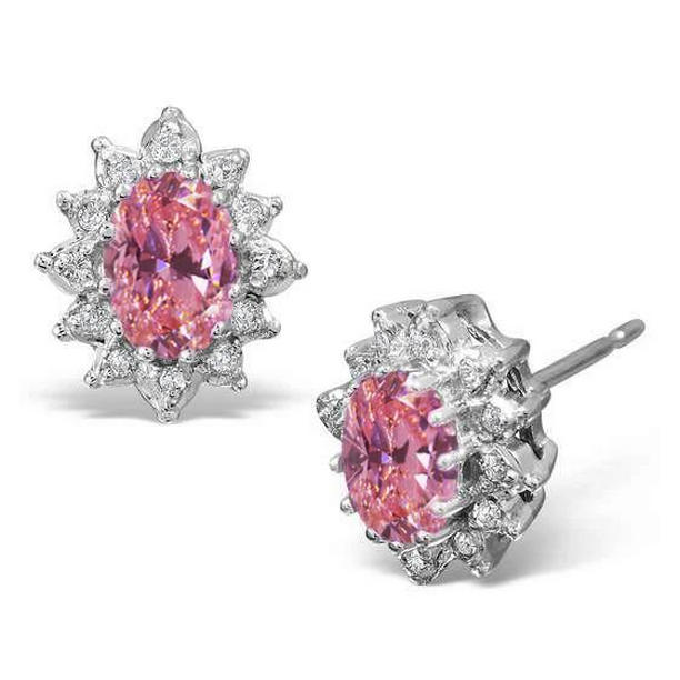 4.0 CT Pink Sapphire & Diamond Halo Stud Earring, 14K White Gold