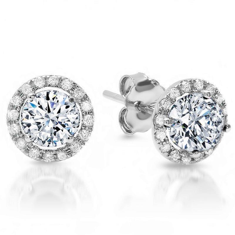53012 3.40 CT Round Cut Diamond Halo Stud Ladies Earrings, 14K White Gold