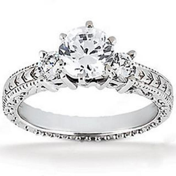 55547 1.51 CT Antique Style Gold Diamond Three Stone Wedding Ring, Size 6.5