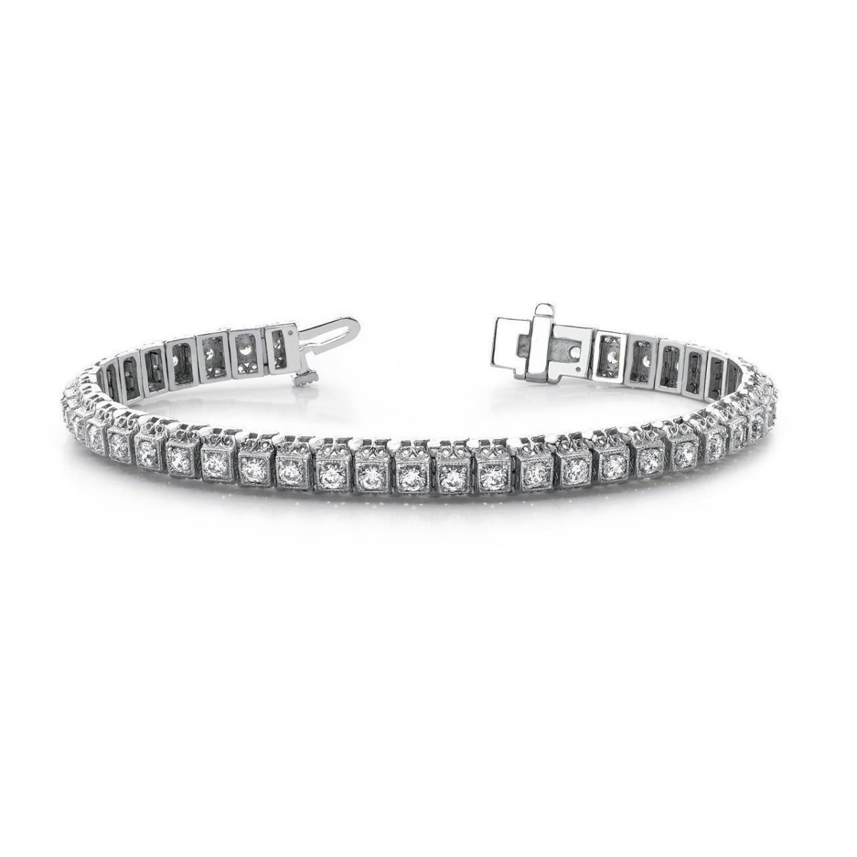 56951 Milgrain Style Link 4.20 CT Round Cut Diamonds Bracelet, White Gold