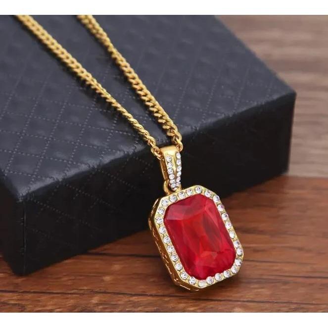 Picture of Harry Chad Enterprises 59339 8.40 CT Radiant Ruby with Round Diamonds Pendant Necklace&#44; 14K Gold