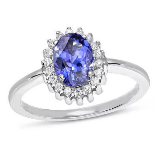 60147 Oval Tanzanite with Diamonds 9 CT Ring, 14K White Gold - Size 6.5
