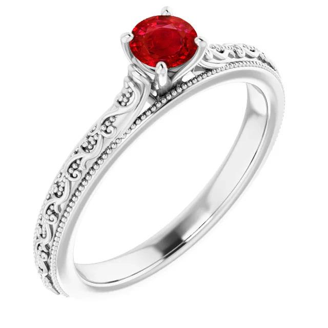 Solitaire Ruby 0.75 CT Antique Style Ring, 14K White Gold - Size 6.5