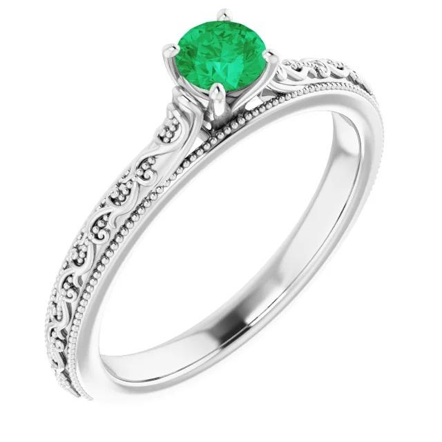60176 0.75 CT Columbian Green Emerald Milgrain Filigree Solitaire Ring, Size 6.5