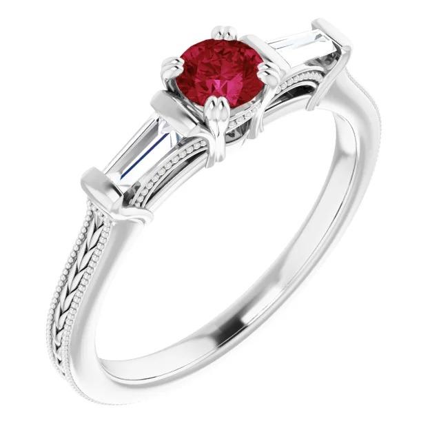 60207 3 Stone Diamond Ruby Vintage Style 2 CT Milgrain Ring, Size 6.5
