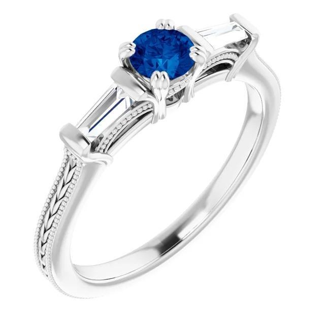 60208 3 Stone 2 CT Diamond Ceylon Blue Filigree Milgrain Ring, Size 6.5