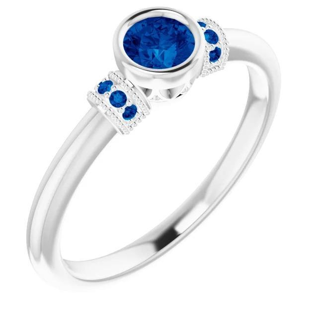 Round Blue Sapphires 1 CT Milgrain Style Ring, Size 6.5