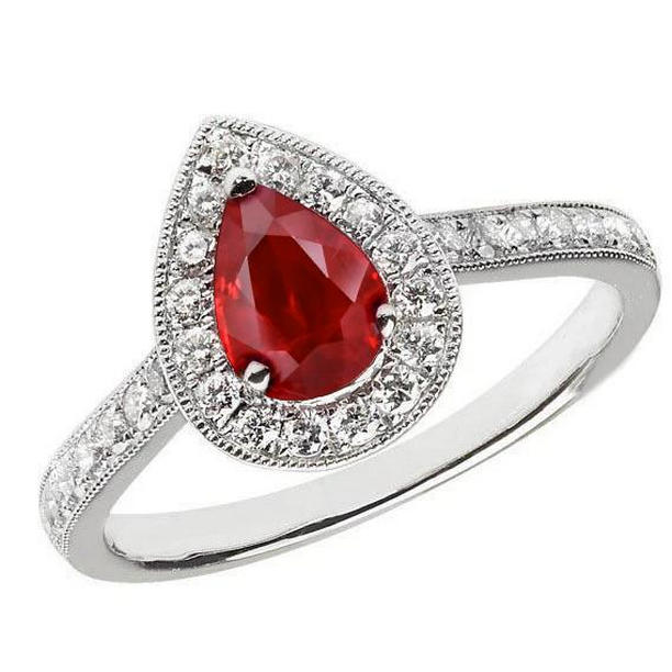 61011 Pear Cut Ruby & Round Diamond 3 CT Wedding Ring, 14K White Gold - Size 6.5