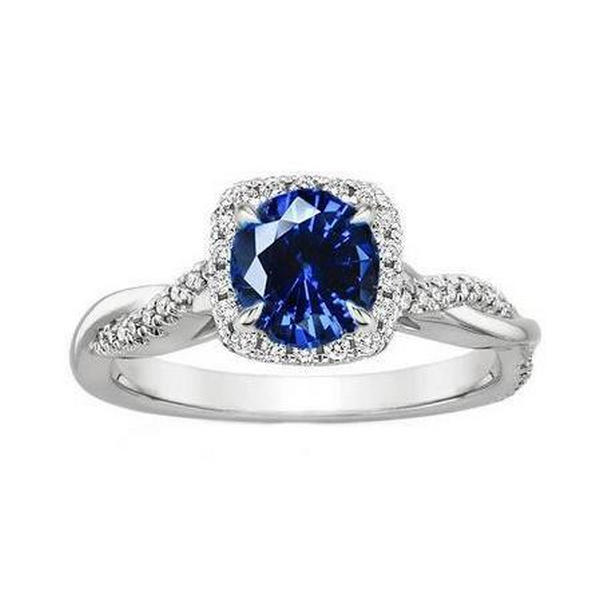 61076 Ceylon Blue Sapphire Diamonds 3 CT Wedding Ring, 14K White Gold - Size 6.5