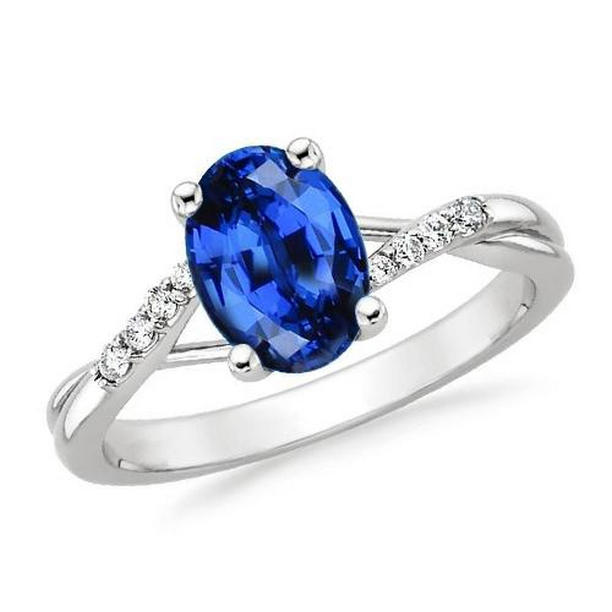 61082 3 CT Sri Lanka Blue Sapphire Diamond Wedding Ring, 14K White Gold - Size 6.5